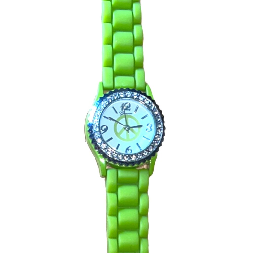 Geneva Lady Watch Crystal Bezel PEACE SIGN FACE Green Silicone Band New Battery